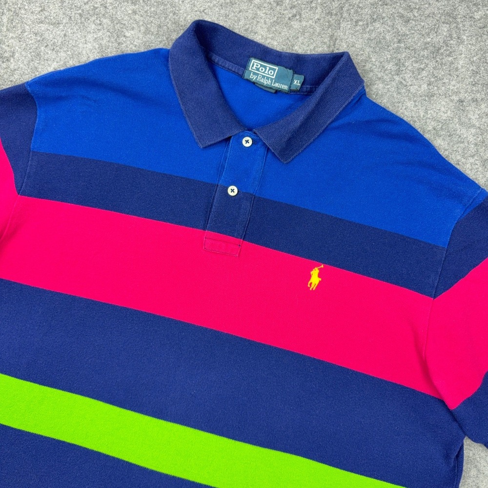 Polo Ralph Lauren Shirt Mens XL Blue Pink Neon Striped Cotton Mesh Polo Pony